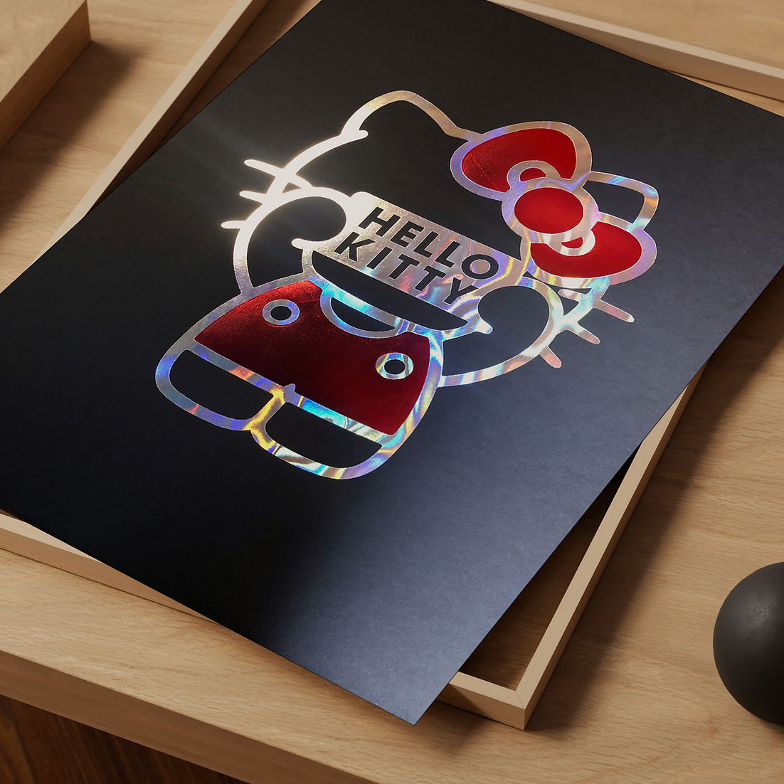 Hello Kitty Iconic Holographic Art Print On Wooden Table