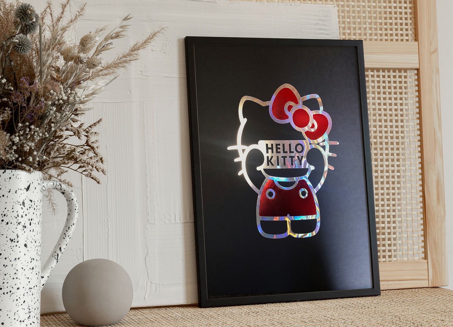 Hello Kitty Iconic Holographic Art Print On Black Paper