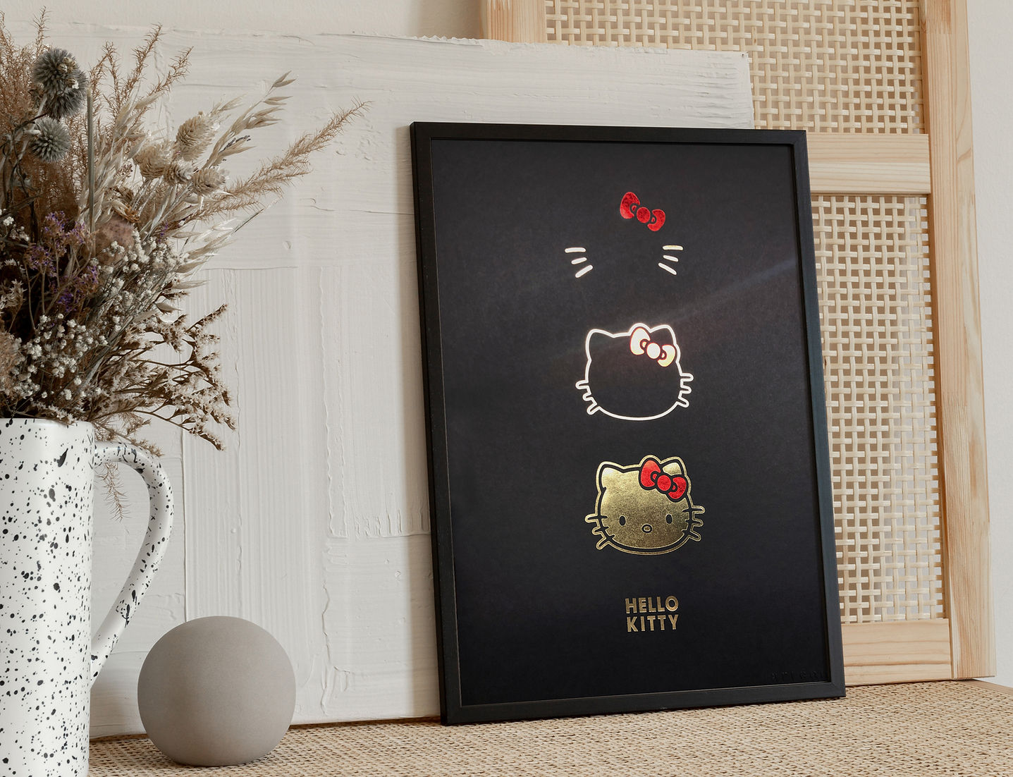 Hello Kitty Portrait Iconic Art Print Three Faces White and Gold On Black Paper