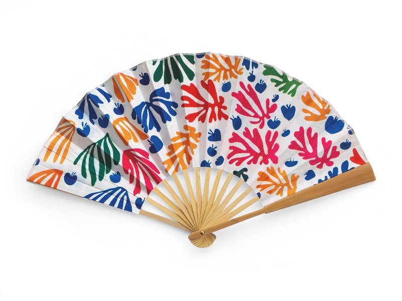 Henri Matisse Hand Fan – The Parrot and the Mermaid — bamboo folding fan with printed fabric, unfolded, with gift box