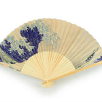 Hokusai Hand Fan – The Great Wave — bamboo folding fan with printed fabric, unfolded, with gift box