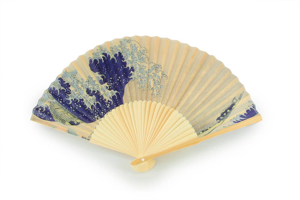 Hokusai Hand Fan – The Great Wave — bamboo folding fan with printed fabric, unfolded, with gift box