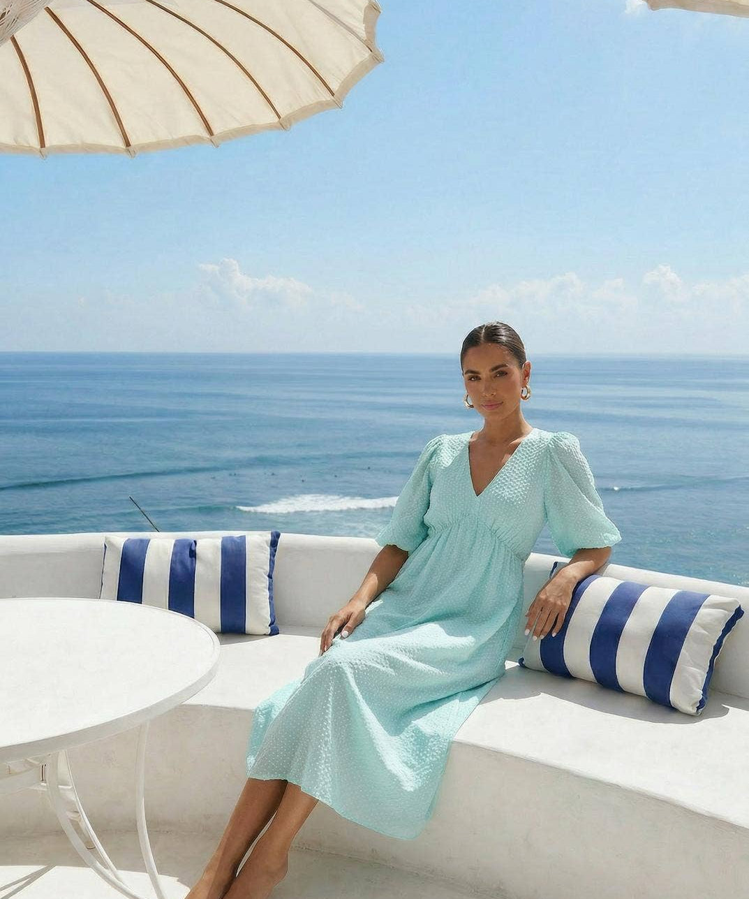 Polka Dot Midi Dress in Sea Green by INCERTAINES — retro dotted cotton dress, view 2