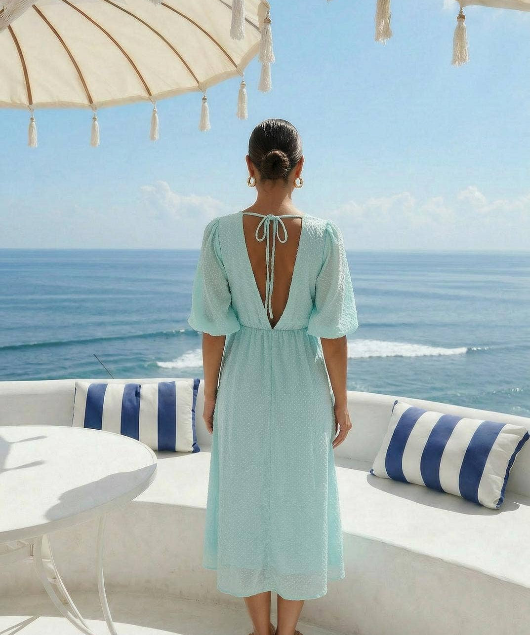 Polka Dot Midi Dress in Sea Green by INCERTAINES — retro dotted cotton dress, view 3
