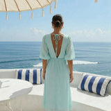Polka Dot Midi Dress in Sea Green by INCERTAINES — retro dotted cotton dress, view 3
