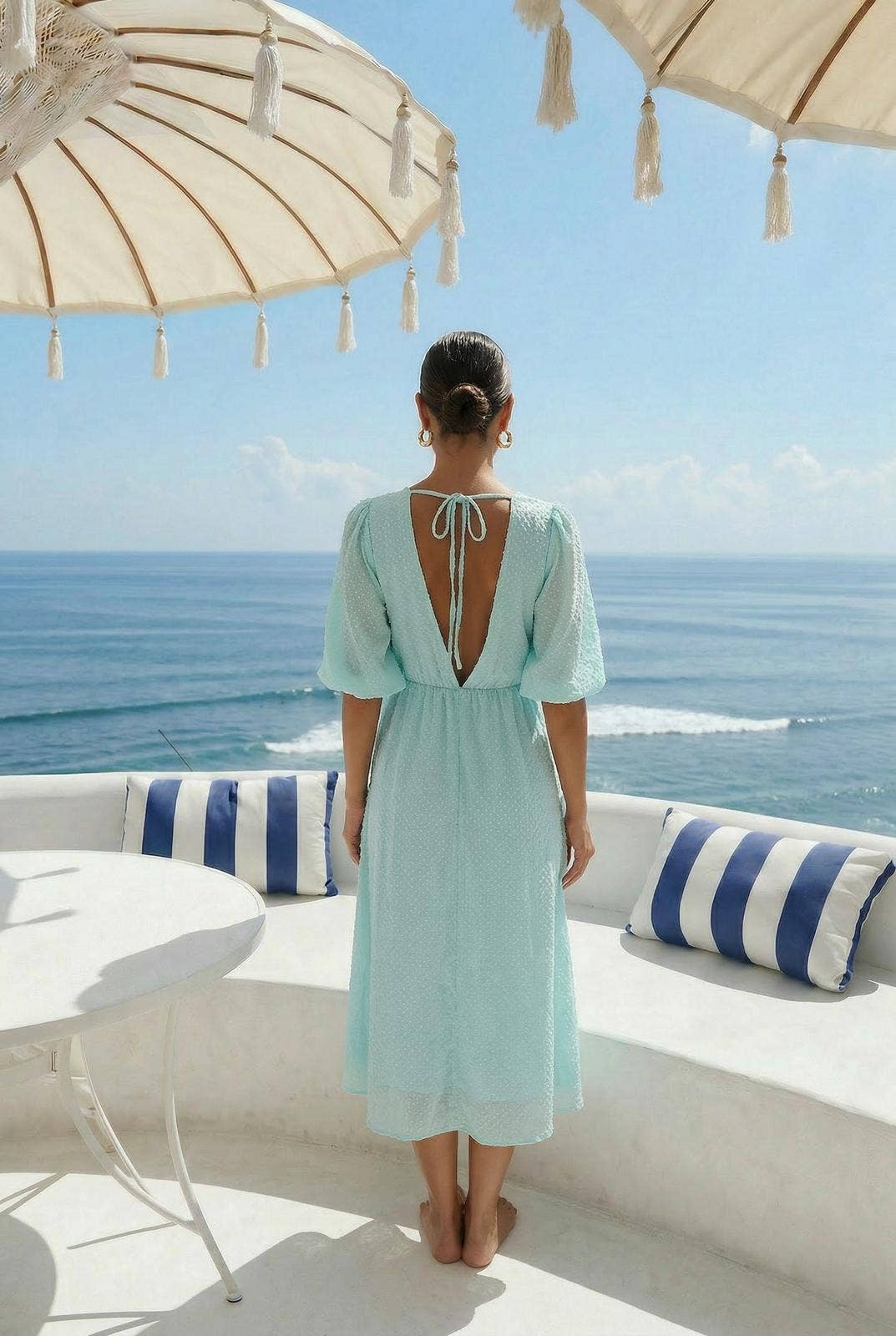 Polka Dot Midi Dress in Sea Green by INCERTAINES — retro dotted cotton dress, view 3