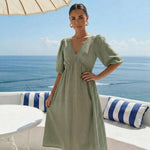 Polka Dot Midi Dress in Sea Green by INCERTAINES — retro dotted cotton dress, view 5