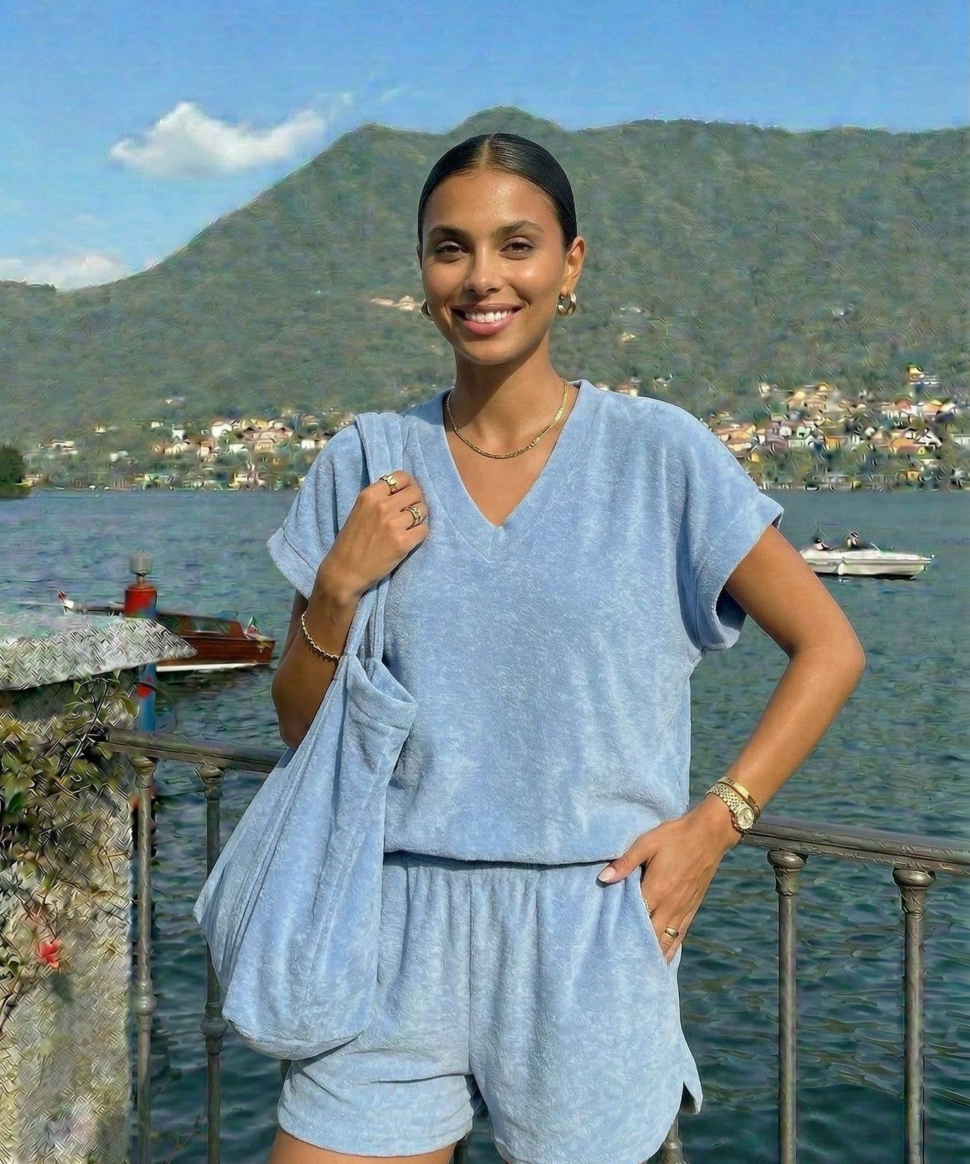 Soft Terry Cloth Shorts by INCERTAINES — model wearing the terry shorts with matching top, front view