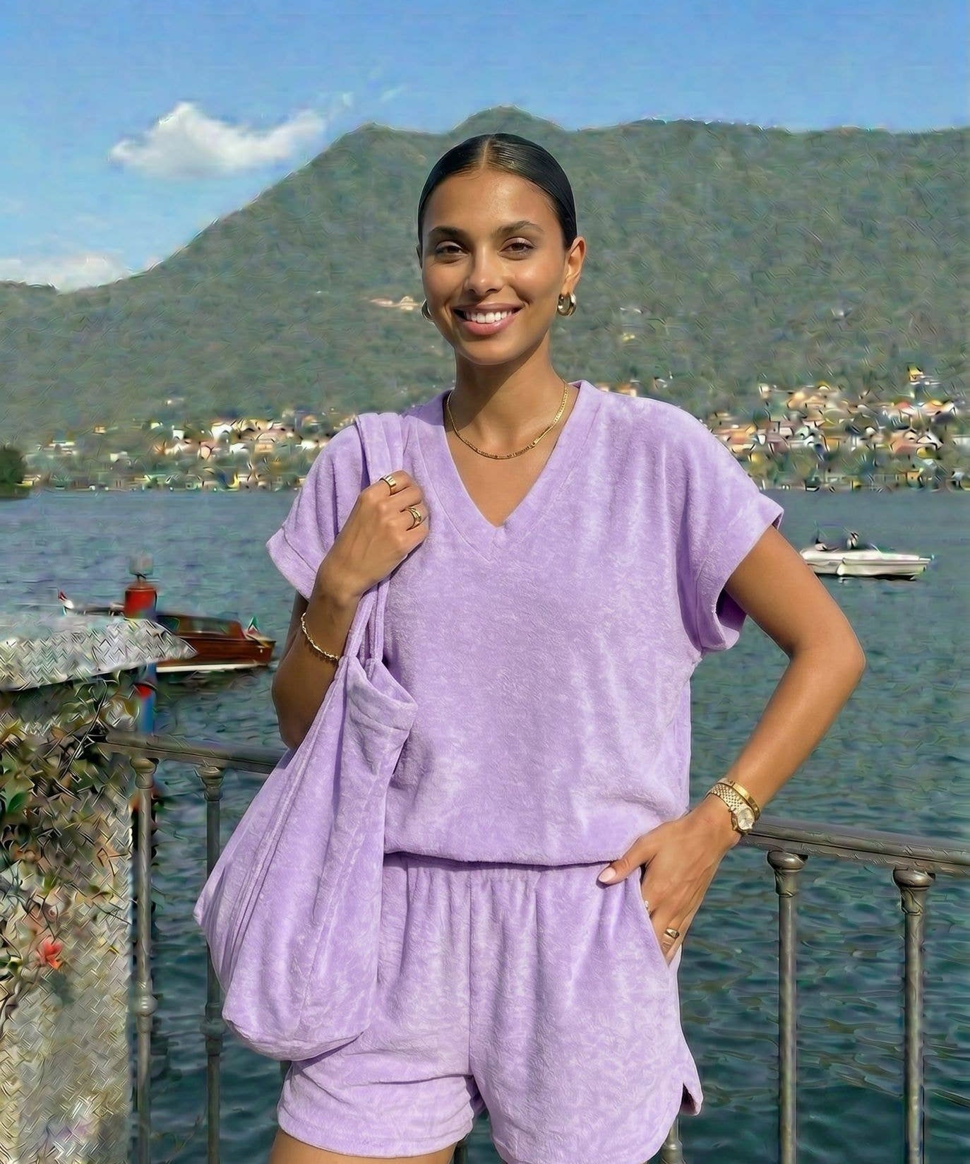 Soft Terry Cloth Shorts by INCERTAINES — one-size cotton terry shorts styled as a summer set, view 2
