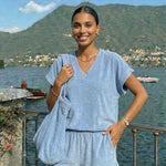 Soft Terry Cloth Top by INCERTAINES — model wearing the terry top with matching shorts, front view