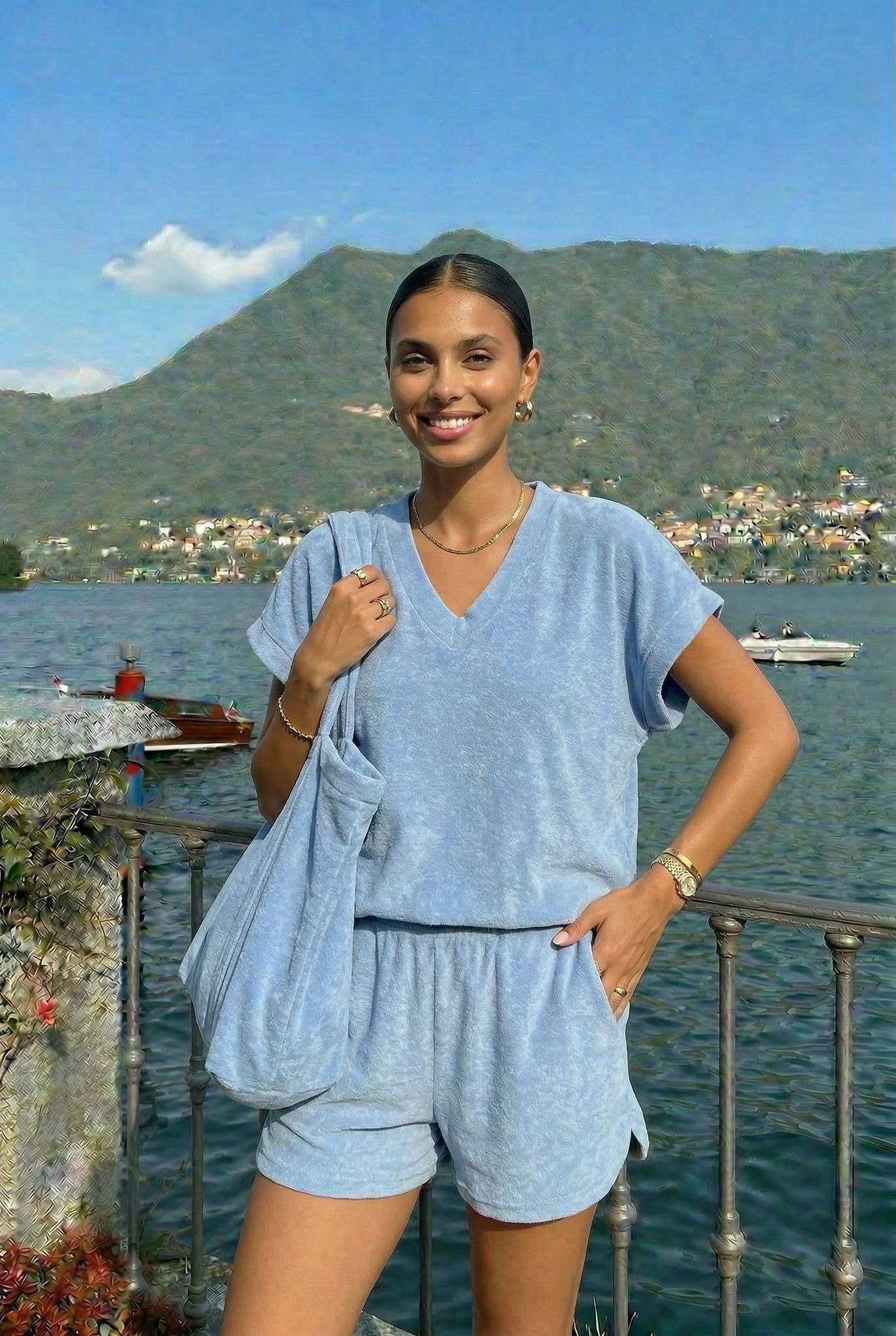 Soft Terry Cloth Top by INCERTAINES — model wearing the terry top with matching shorts, front view