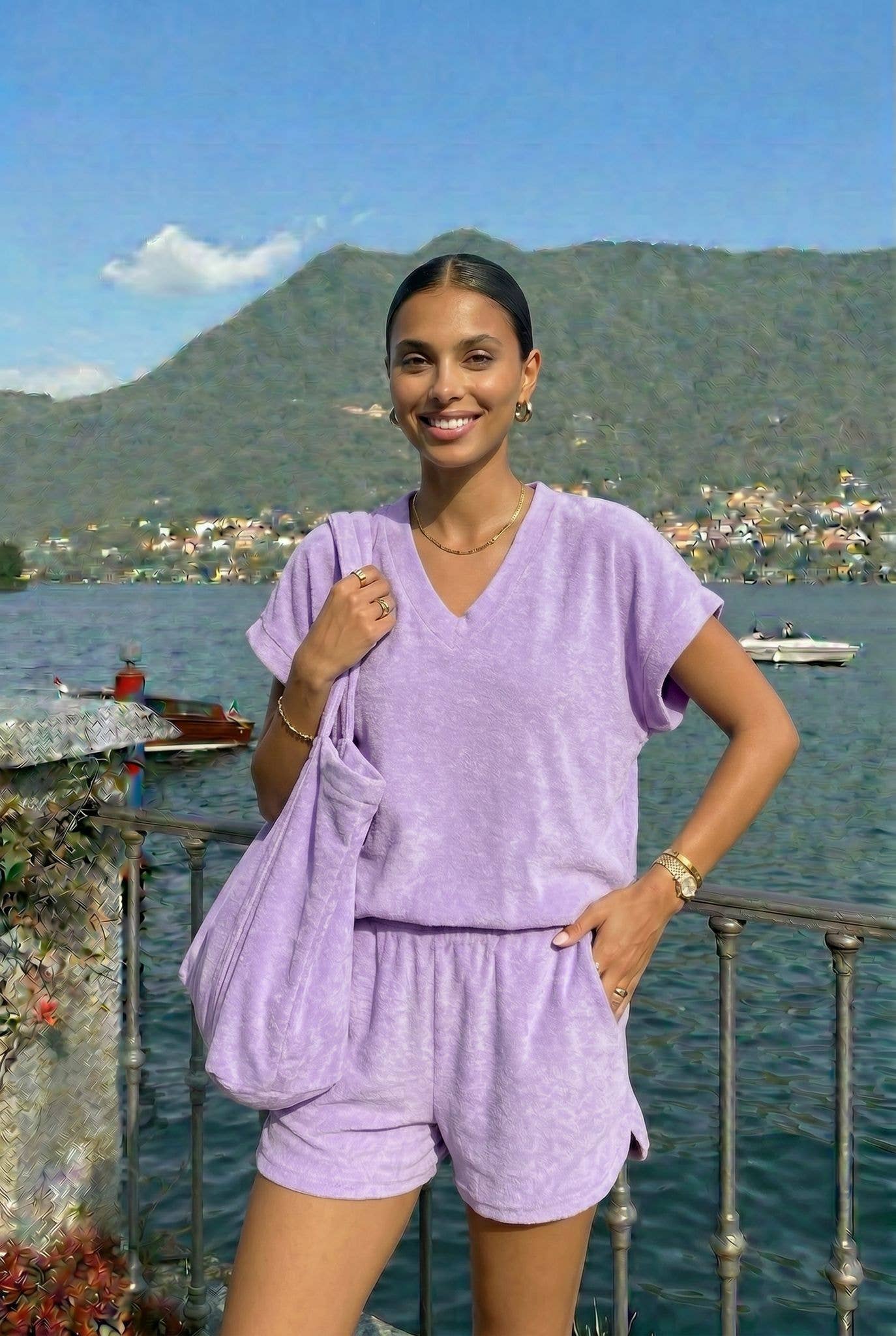 Soft Terry Cloth Top by INCERTAINES — one-size cotton terry top styled as a summer set, view 2