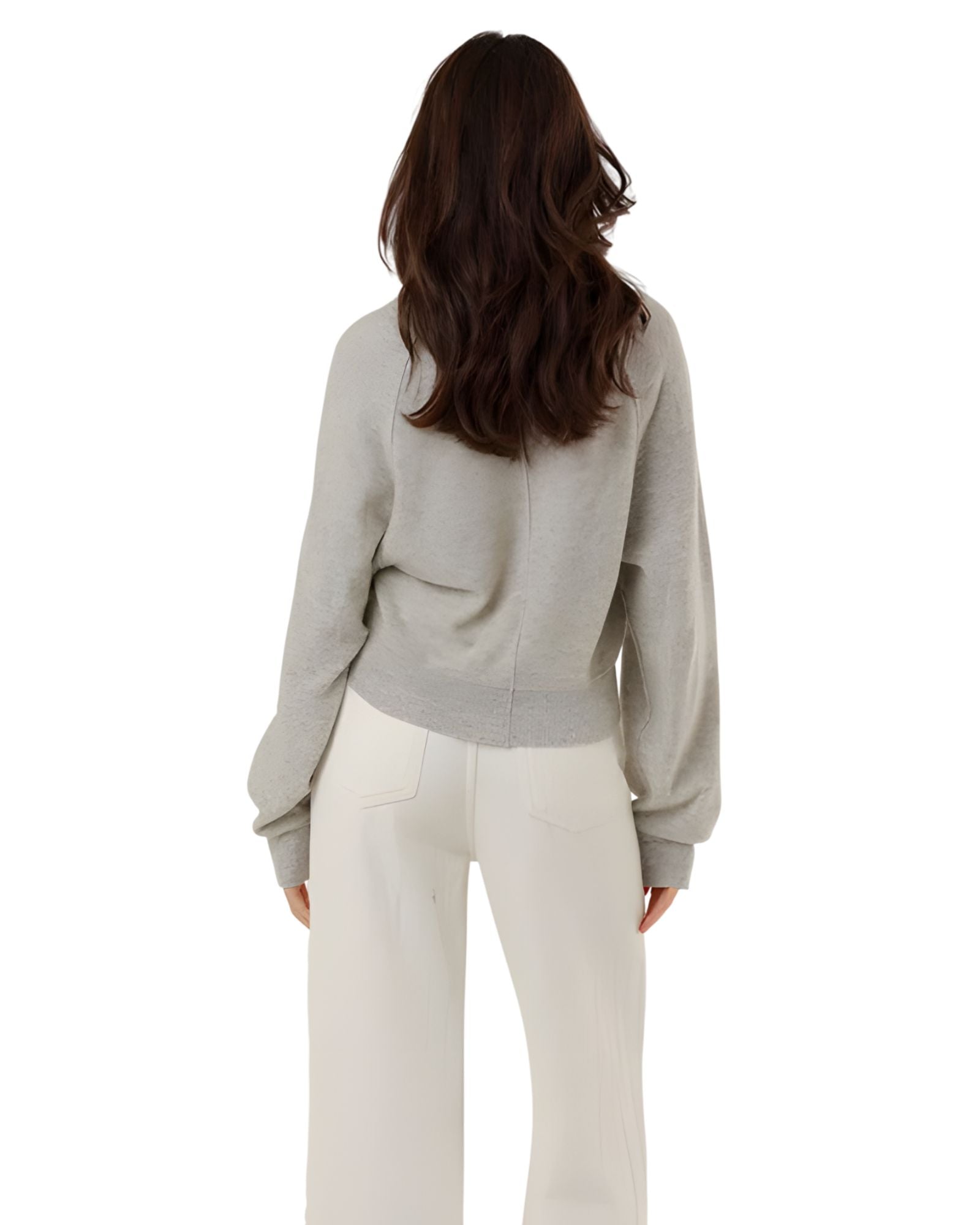 Direct back view of the grey Keila summer knit pullover, highlighting the relaxed oversize fit, dropped balloon sleeves, and fine ribbed hemline finish.