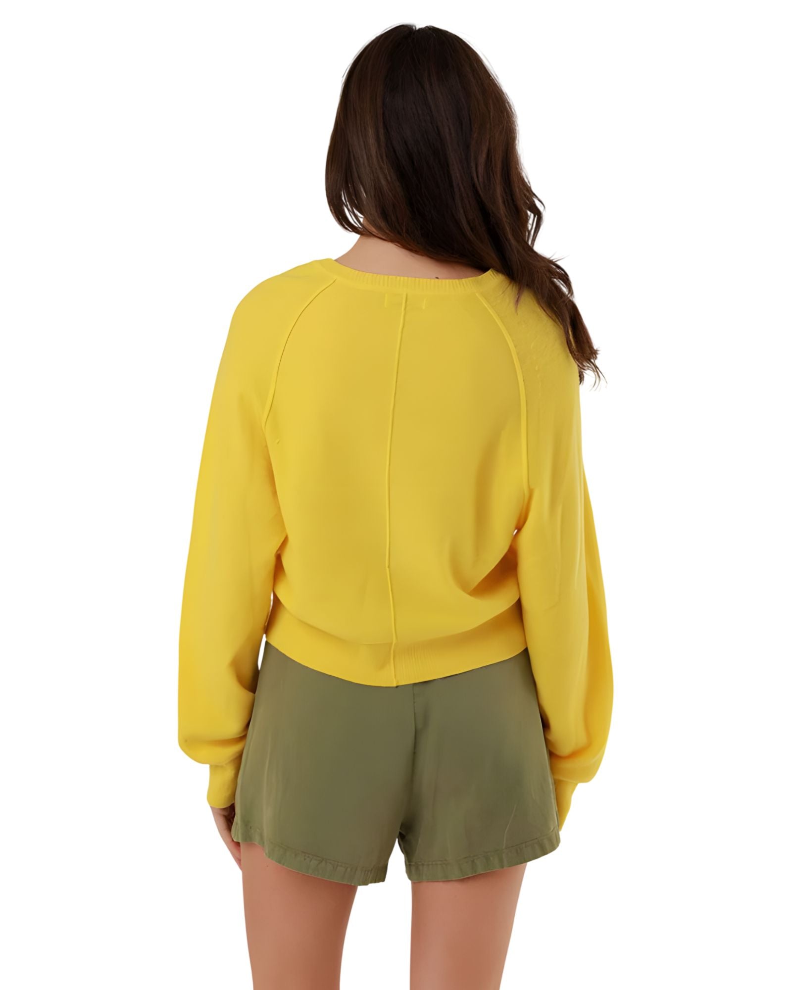 Direct back view of the yellow Keila knit pullover, showcasing the clean draped silhouette and fine ribbed hemline finish.