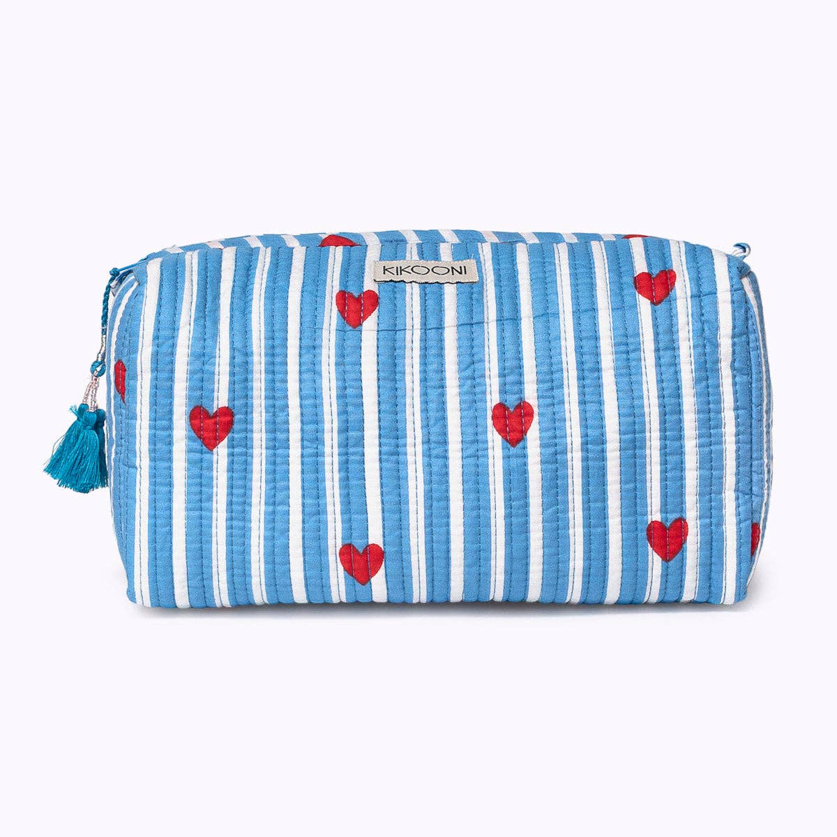KIKOONI Love Edition blue cosmetic bag with tassel zip – angled front view