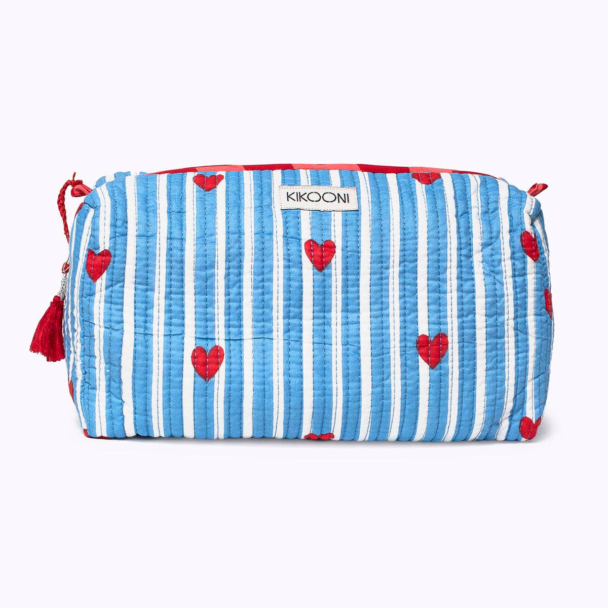 KIKOONI Love Edition cotton cosmetic bag in blue stripes with red hearts – front view