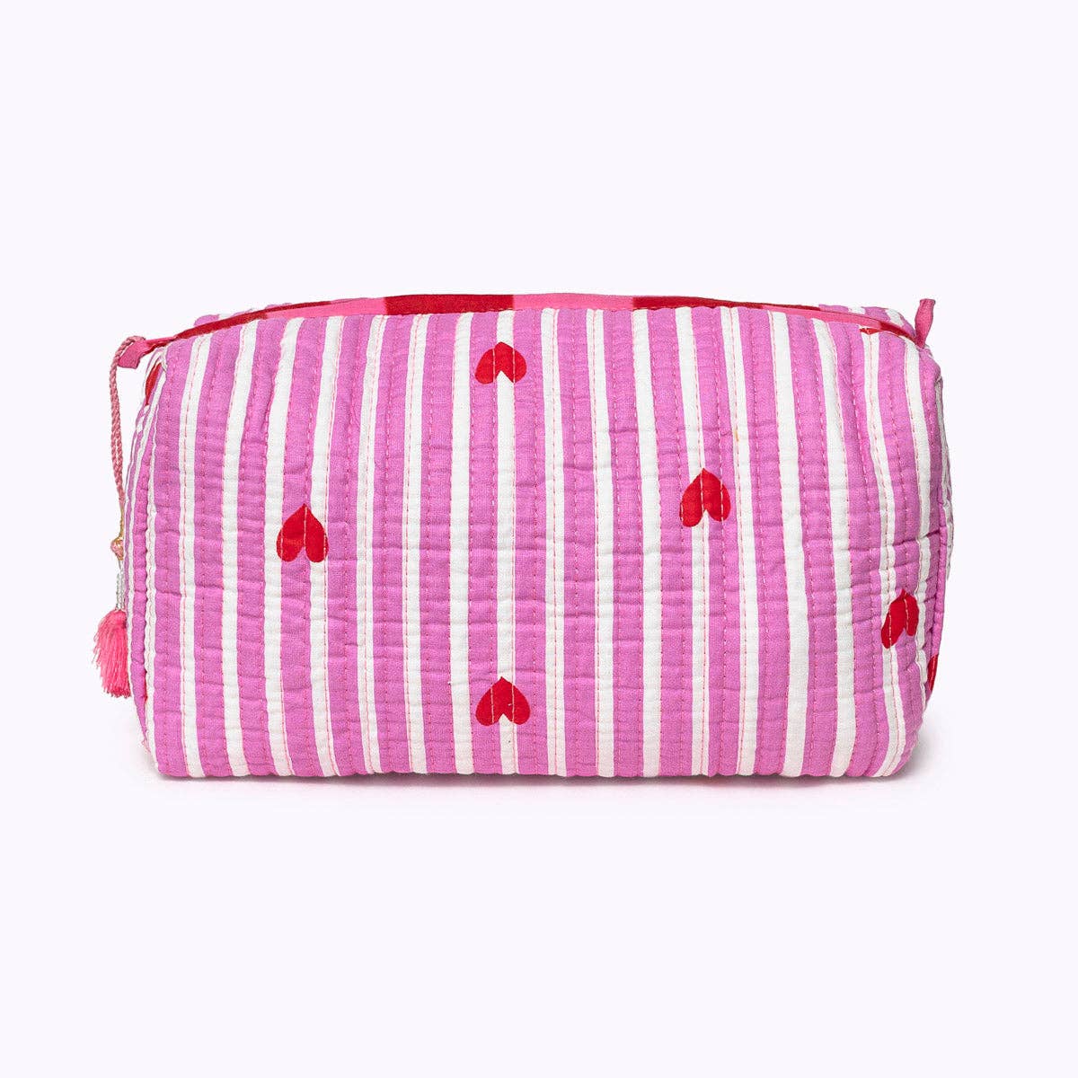 KIKOONI Love Edition pink cosmetic bag in hand block-printed cotton – front view