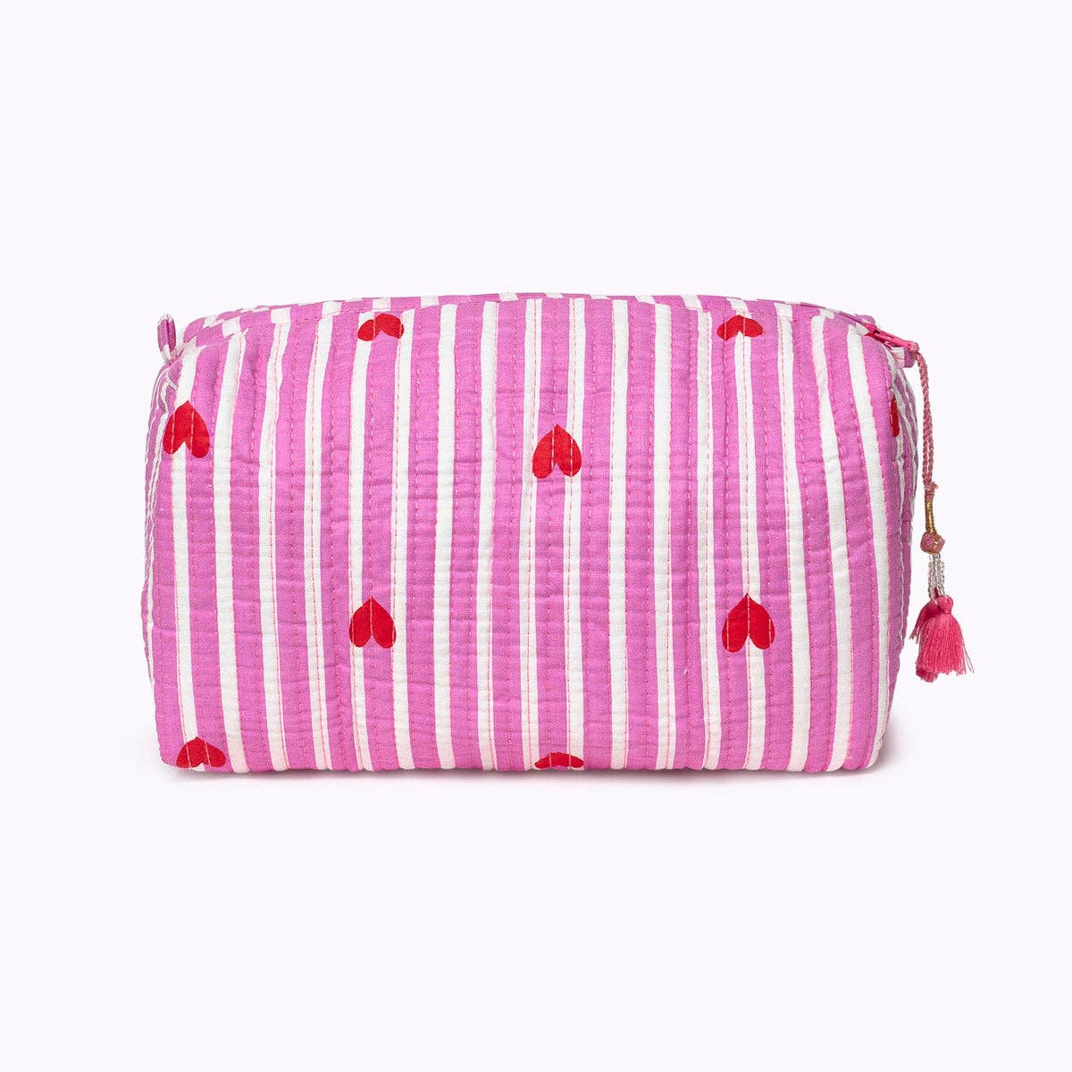 KIKOONI Love Edition pink cosmetic bag with red tassel on the zip – front view