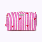 KIKOONI Love Edition cotton cosmetic bag in pink stripes with red hearts – front view