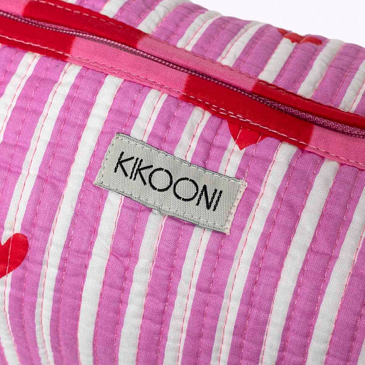 KIKOONI Love Edition pink stripes and red hearts block print with label – close-up