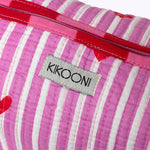KIKOONI Love Edition pink stripes and red hearts block print with label – close-up