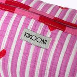 KIKOONI Love Edition pink stripes and red hearts block print with label – close-up