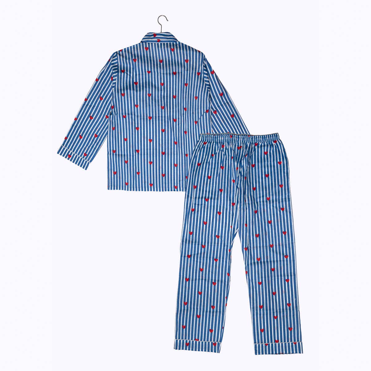 KIKOONI Love Edition cotton pyjamas in blue stripes with red hearts – back view