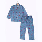 KIKOONI Love Edition cotton pyjamas in blue stripes with red hearts – front view