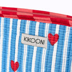 KIKOONI Love Edition blue mini pouch, woven label and heart print – detail