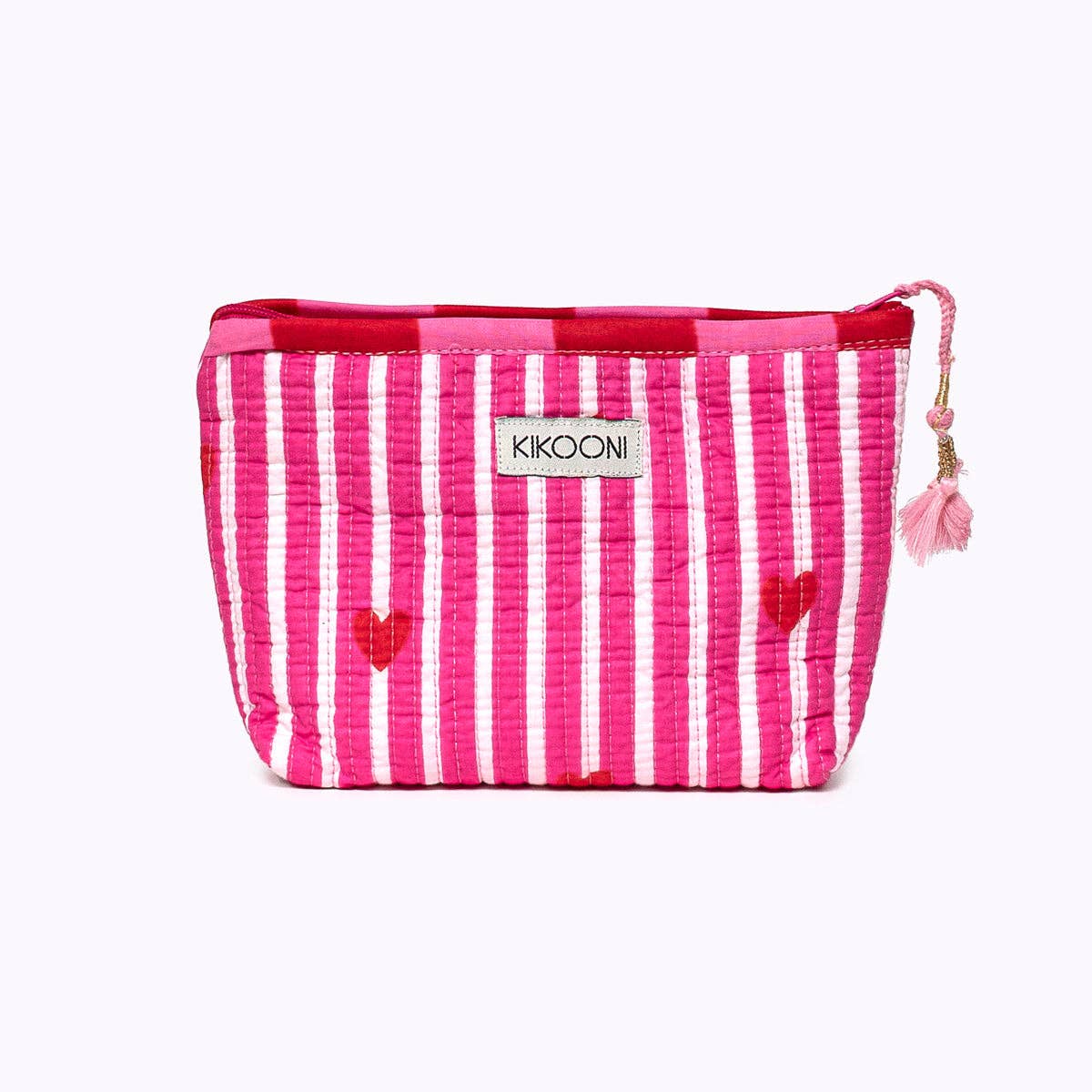 KIKOONI Love Edition cotton mini pouch in pink stripes with red hearts – front view