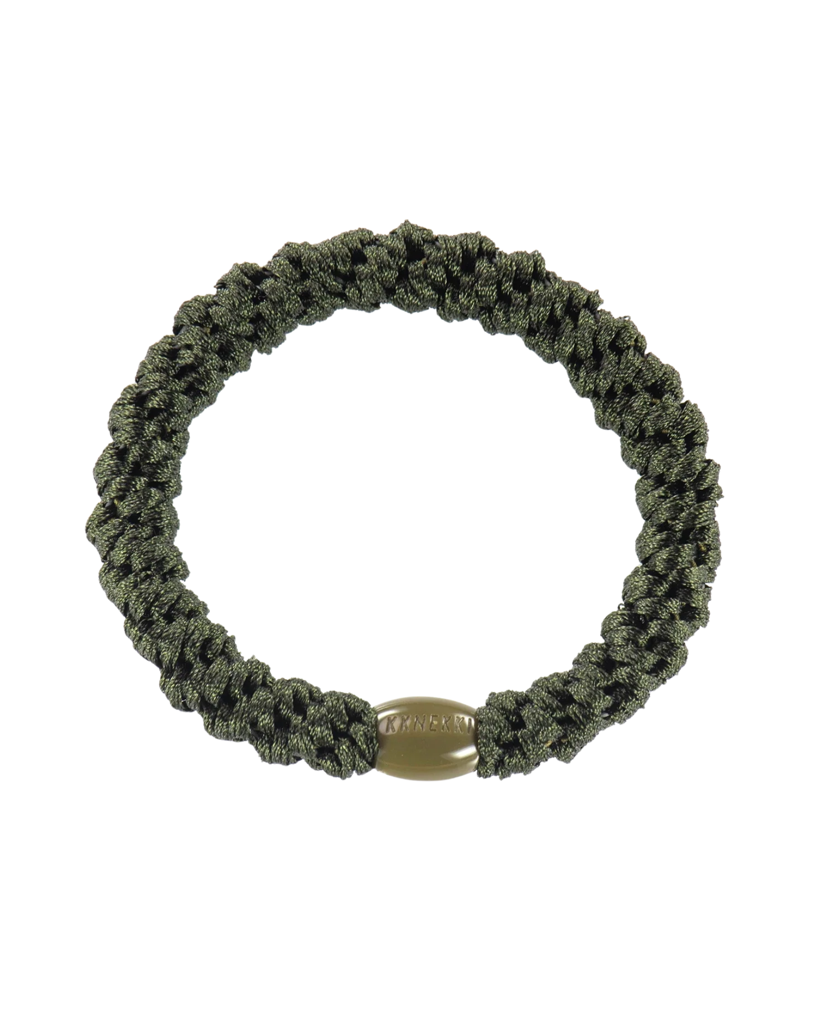 KKNEKKI Bottle Green hair elastic, front view, dark green woven design