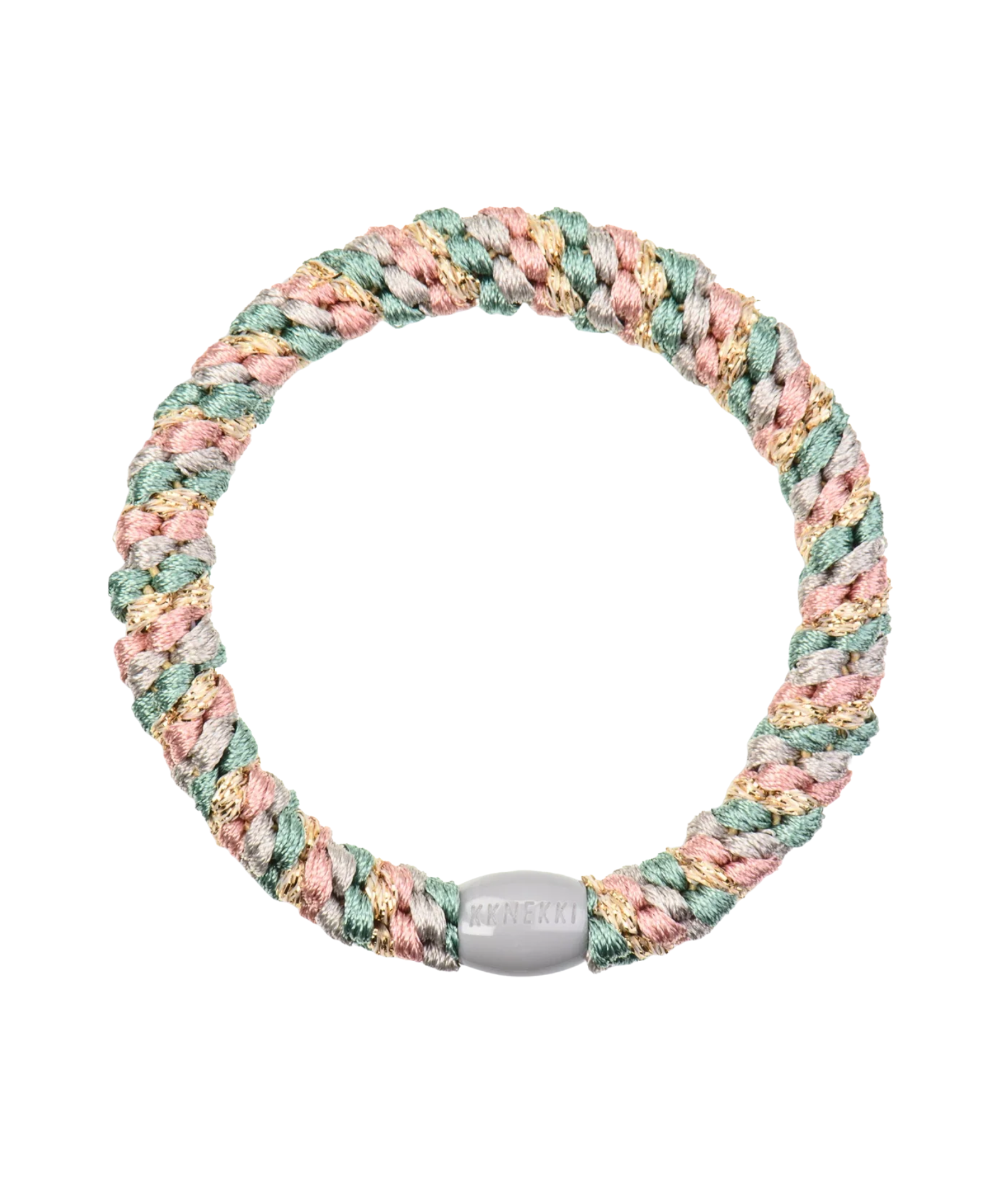 KKNEKKI Faded Green Pink hair elastic, front view, soft pastel glitter woven design