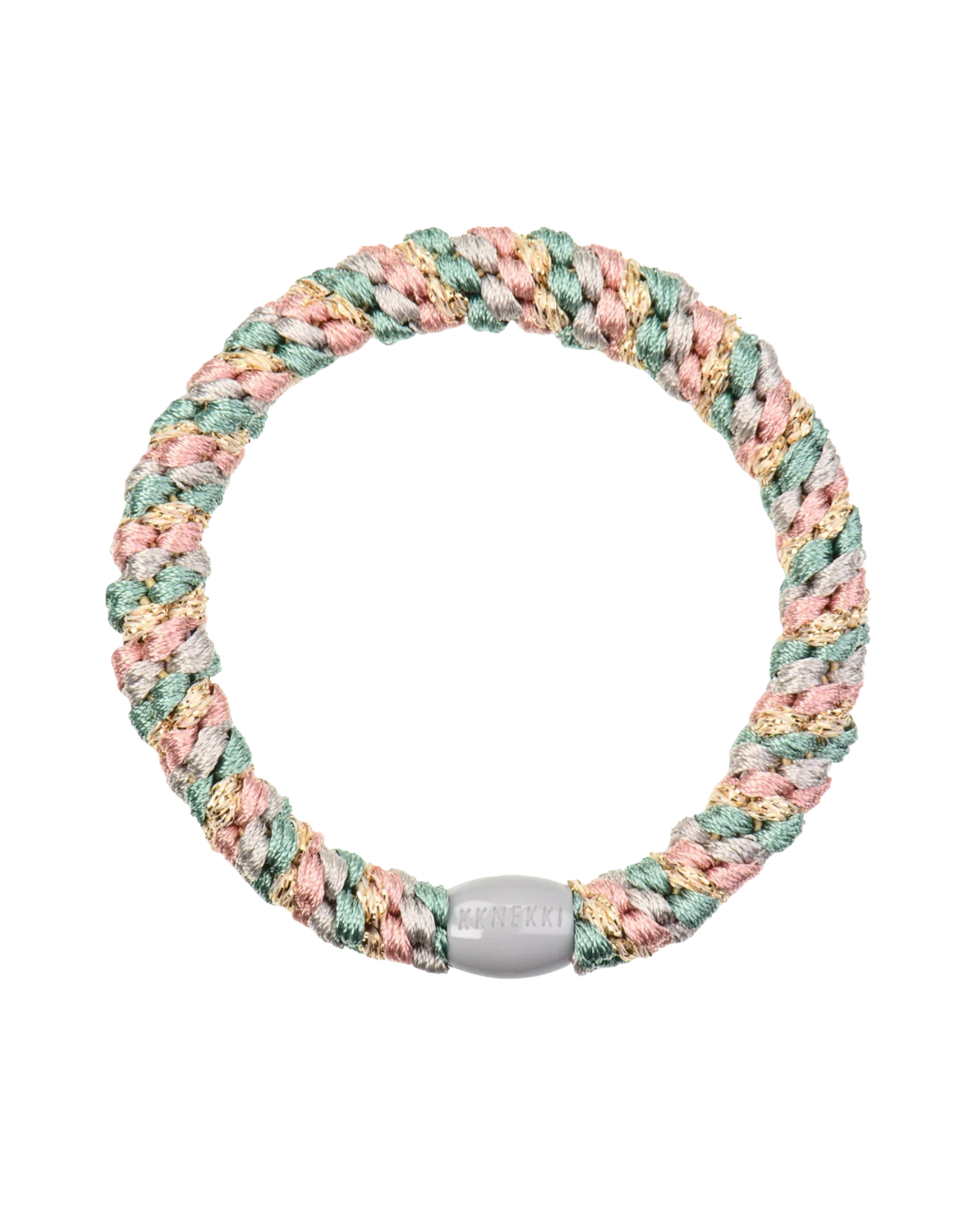 KKNEKKI Faded Green Pink hair elastic, front view, soft pastel glitter woven design