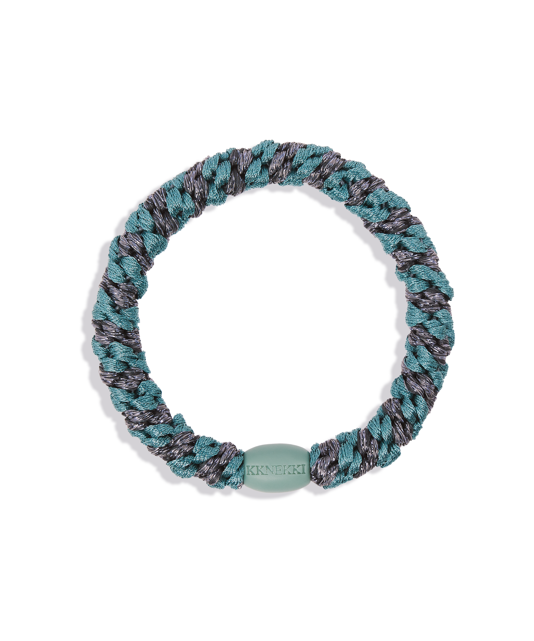 KKNEKKI Hair Tie – Teal & Steel Grey Glitter Stripe – product photo