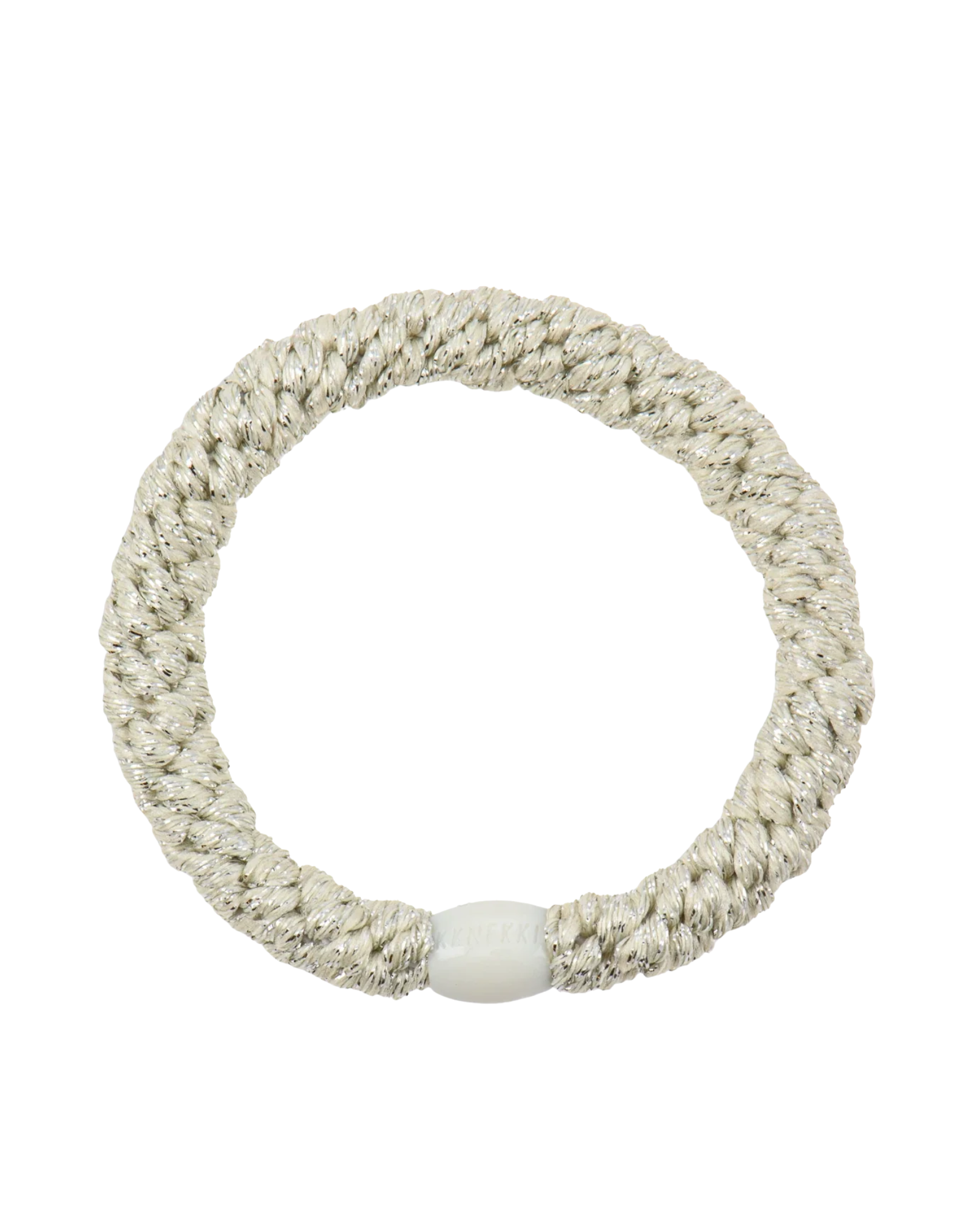 KKNEKKI Ivory Glitter hair elastic, front view, neutral shimmer woven design