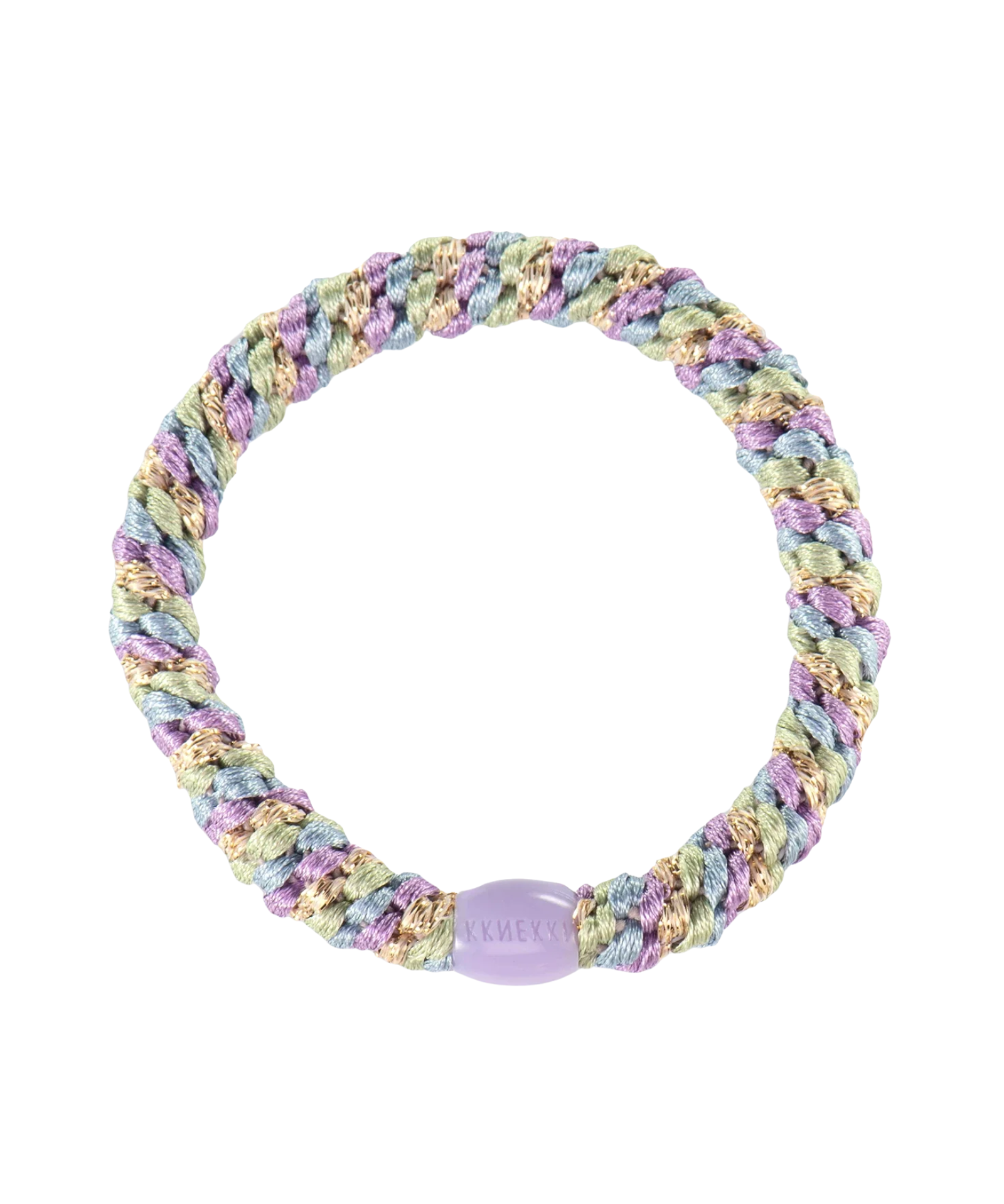 KKNEKKI Lavender-Sea Blue hair elastic, front view, pastel glitter woven design
