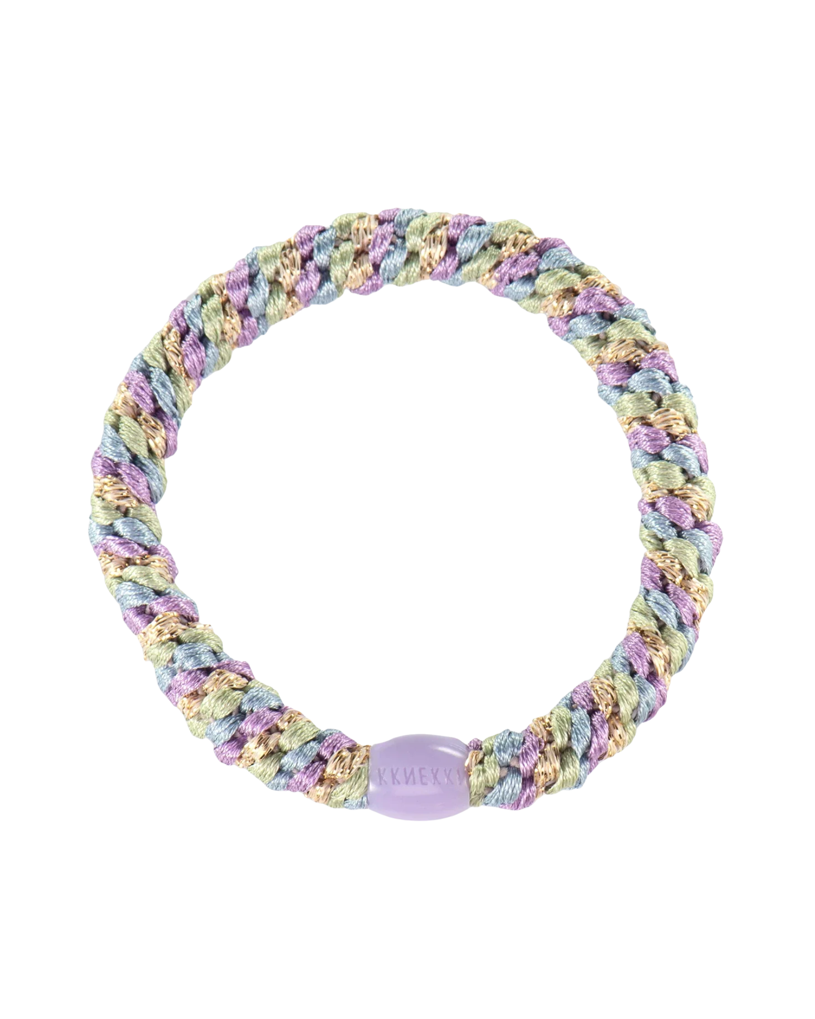 KKNEKKI Lavender-Sea Blue hair elastic, front view, pastel glitter woven design