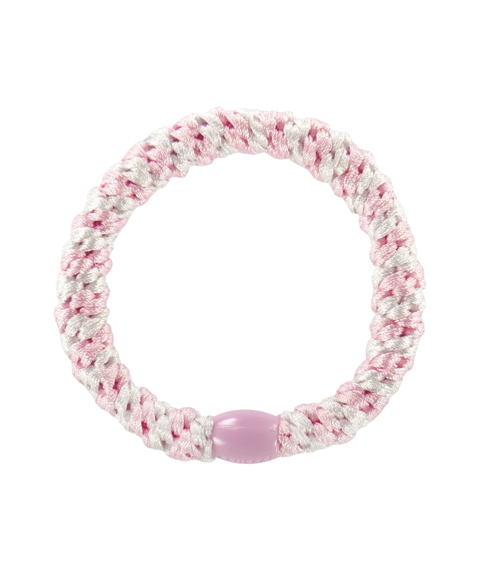 KKNEKKI Light Pink-White hair elastic, front view, soft pastel stripe woven design