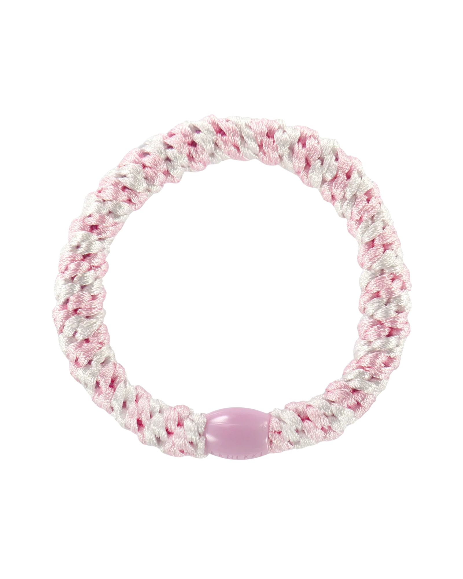 KKNEKKI Light Pink-White hair elastic, front view, soft pastel stripe woven design