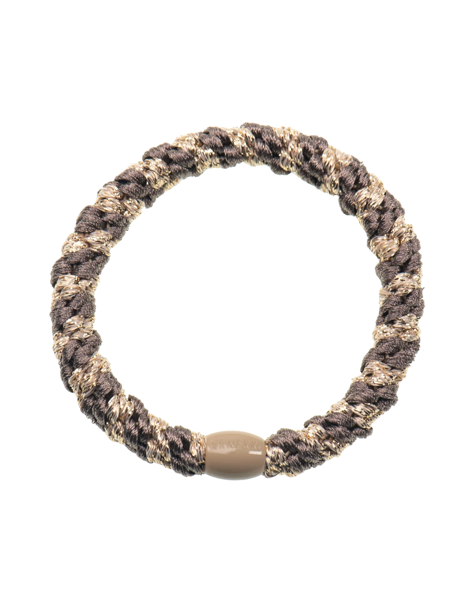 KKNEKKI Mole-Beige hair elastic, front view, neutral glitter woven design