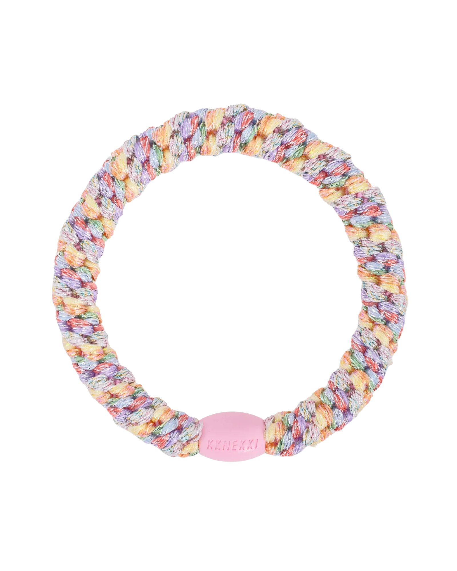 KKNEKKI Pastel Circus hair elastic, front view, multi-coloured woven design