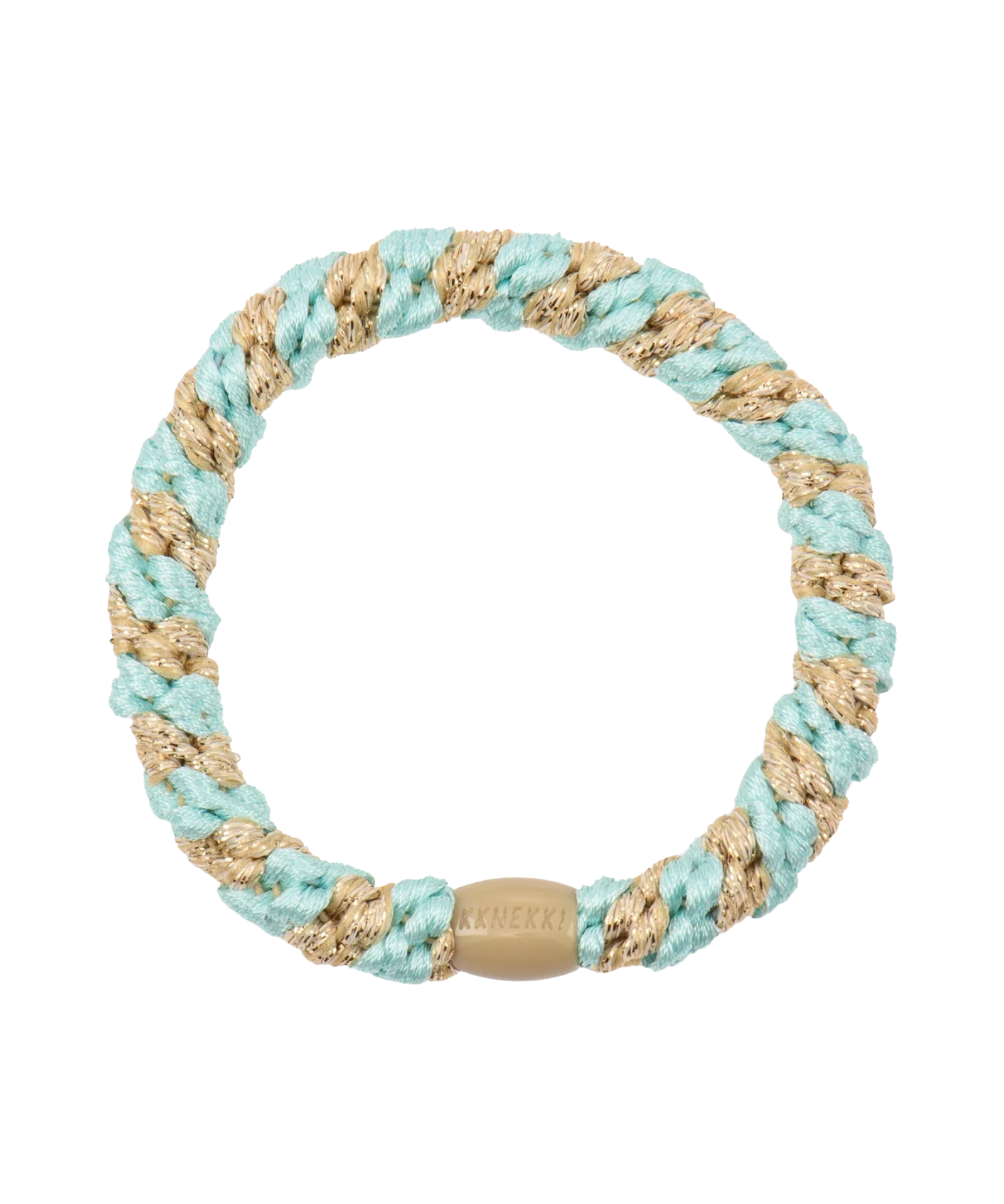 KKNEKKI Peppermint Beige Glitter Stripe hair elastic, front view, woven design