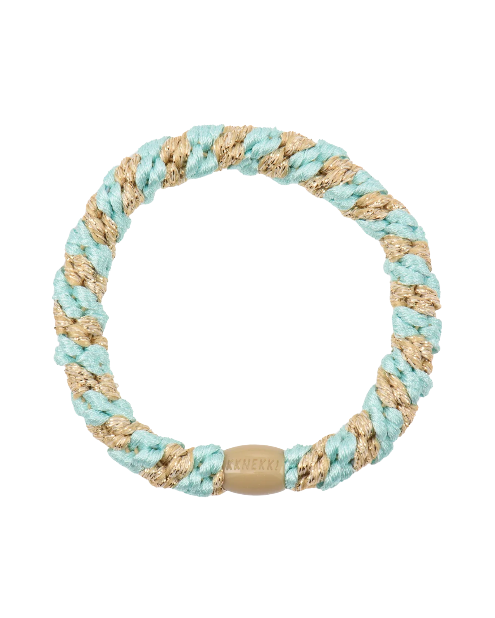 KKNEKKI Peppermint Beige Glitter Stripe hair elastic, front view, woven design