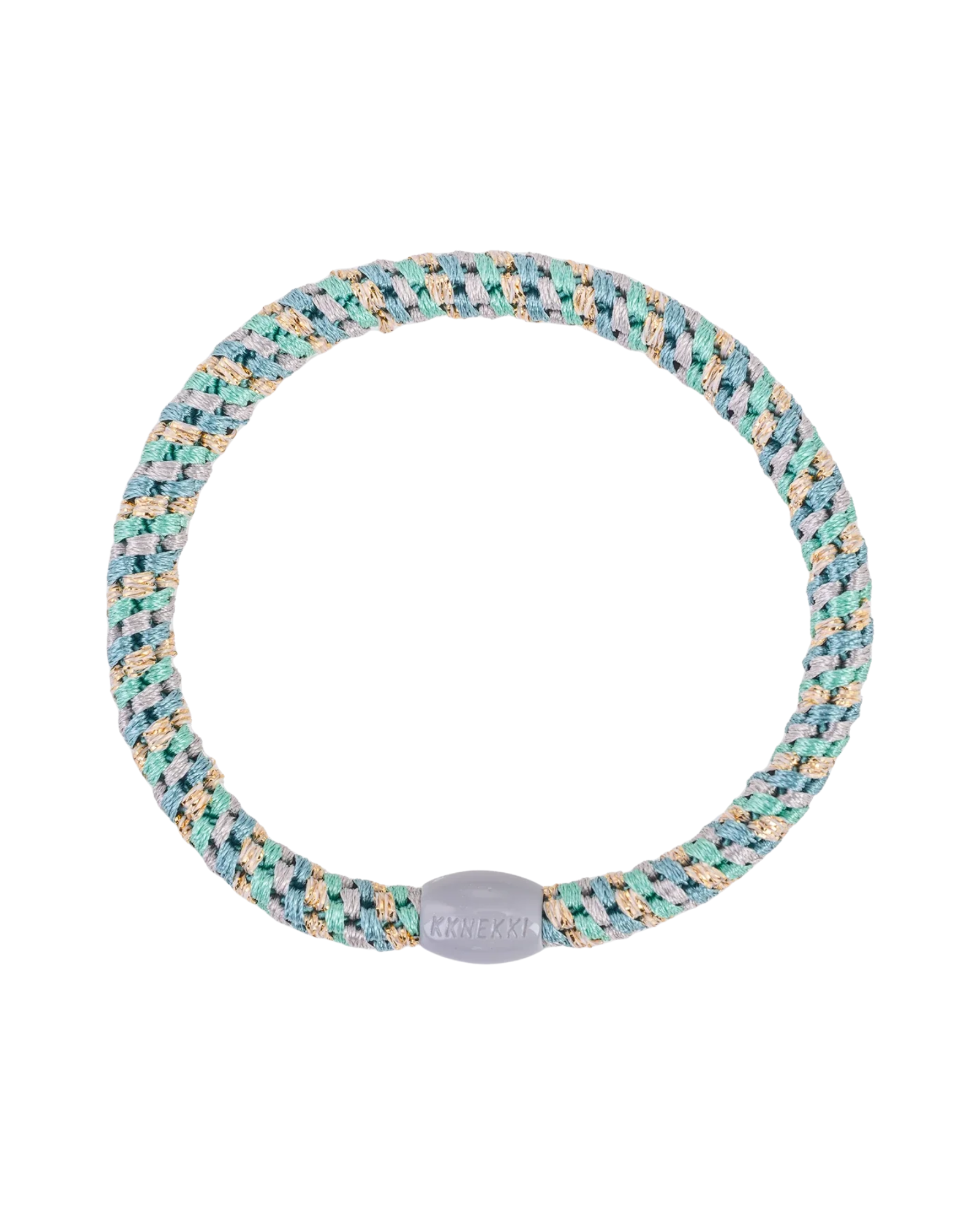 KKNEKKI Slim Mix Teal Gold Glitter hair elastic, front view, slim woven design