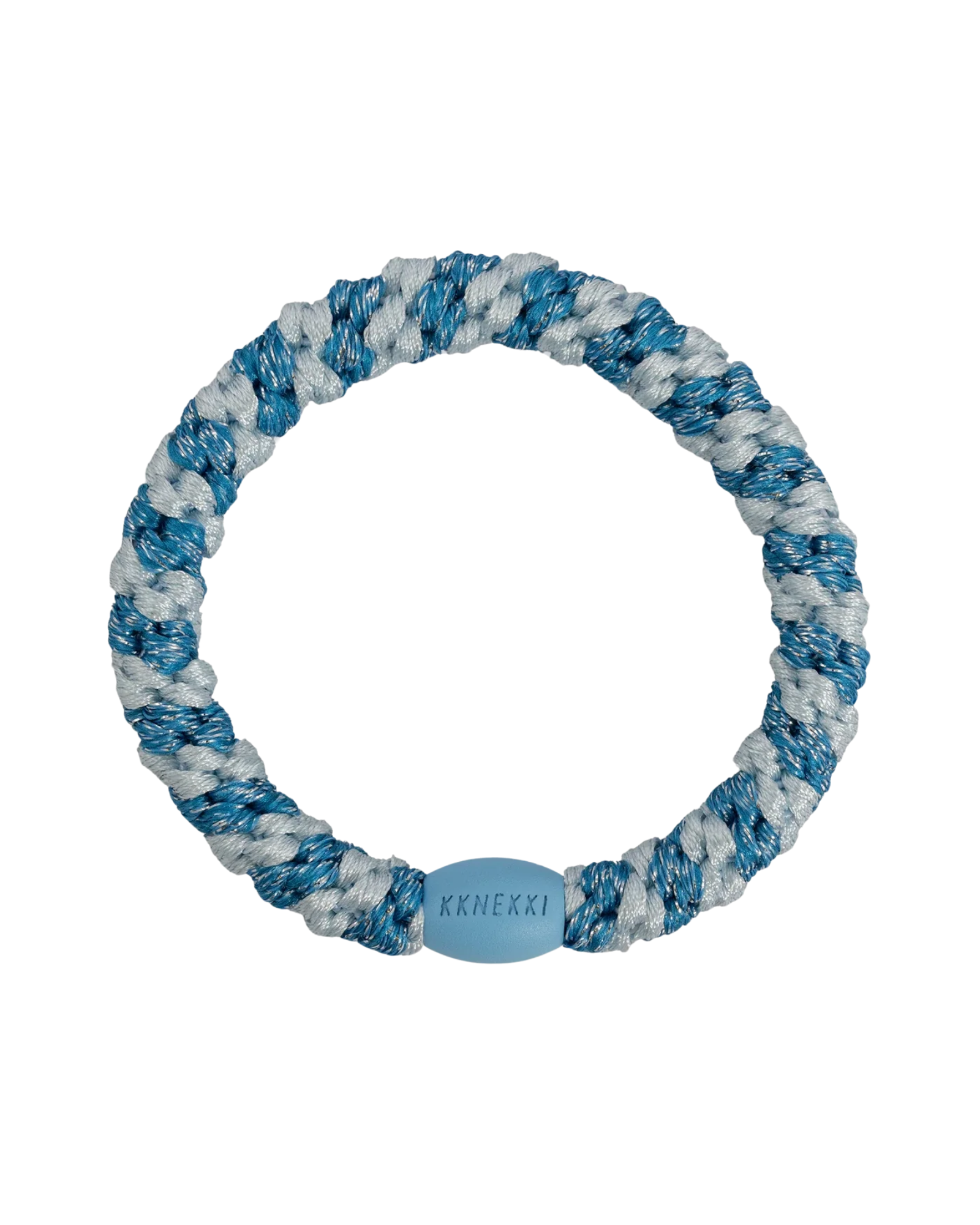 KKNEKKI Stripe Baby Blue hair elastic, front view, blue-and-white glitter woven design