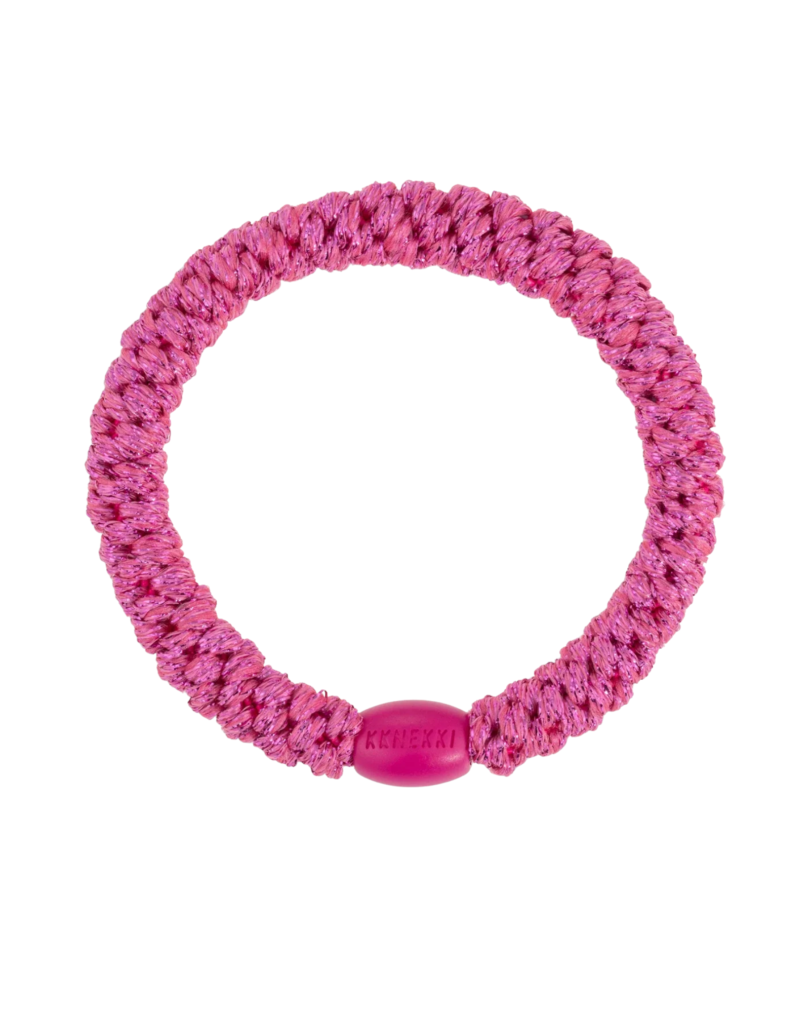 KKNEKKI Strong Pink Glitter hair elastic, front view, woven design