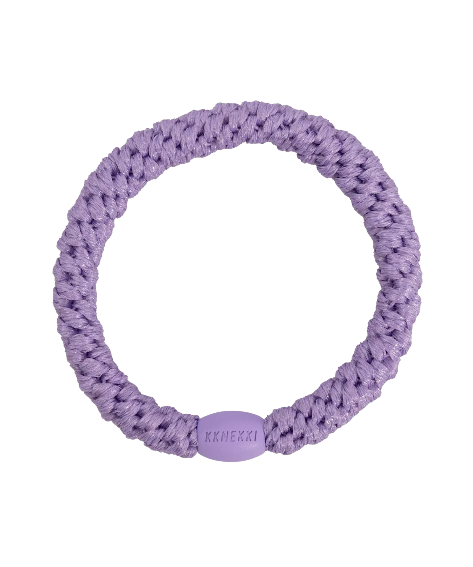 KKNEKKI Violet Glitter hair elastic, front view, pastel purple woven design