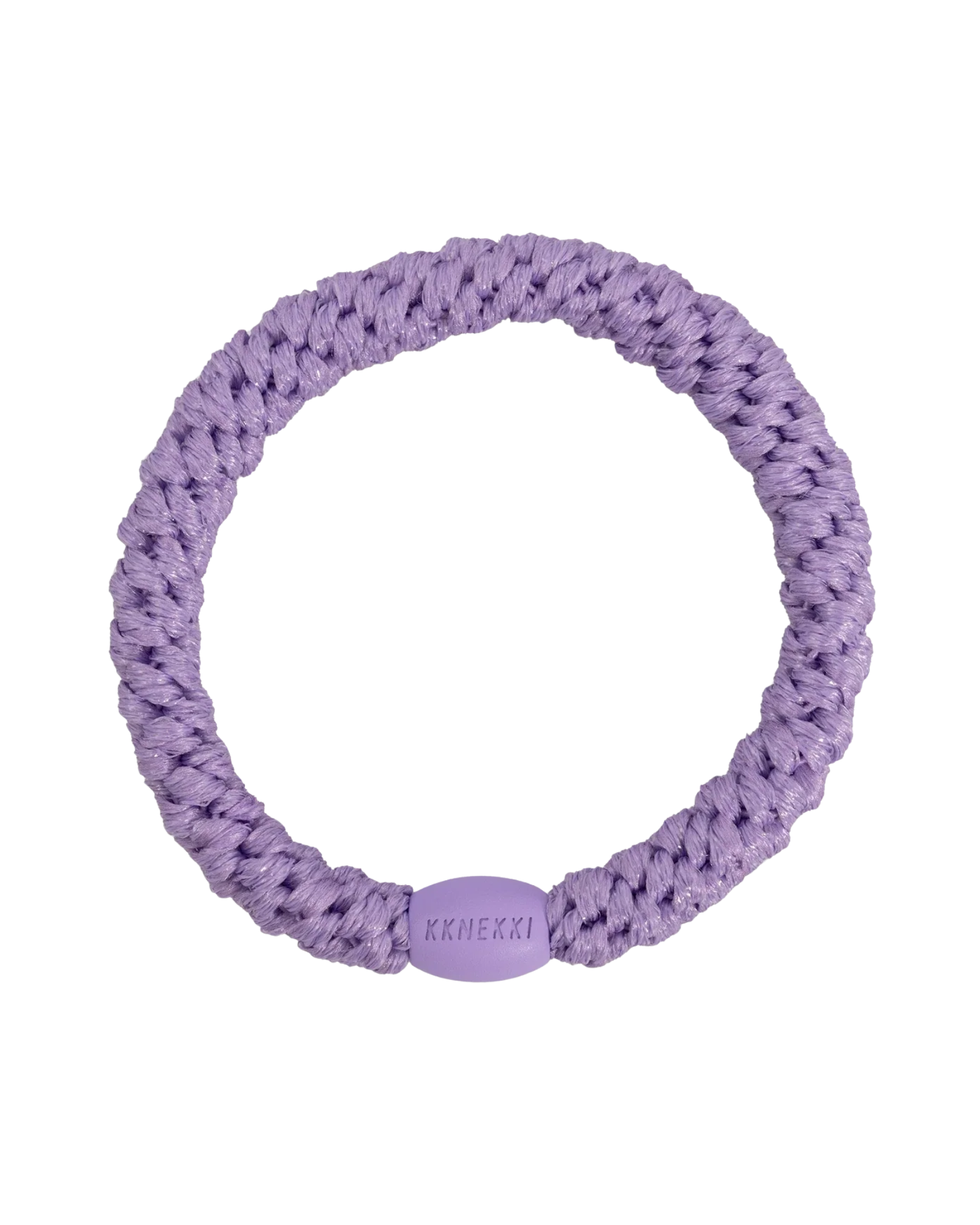 KKNEKKI Violet Glitter hair elastic, front view, pastel purple woven design