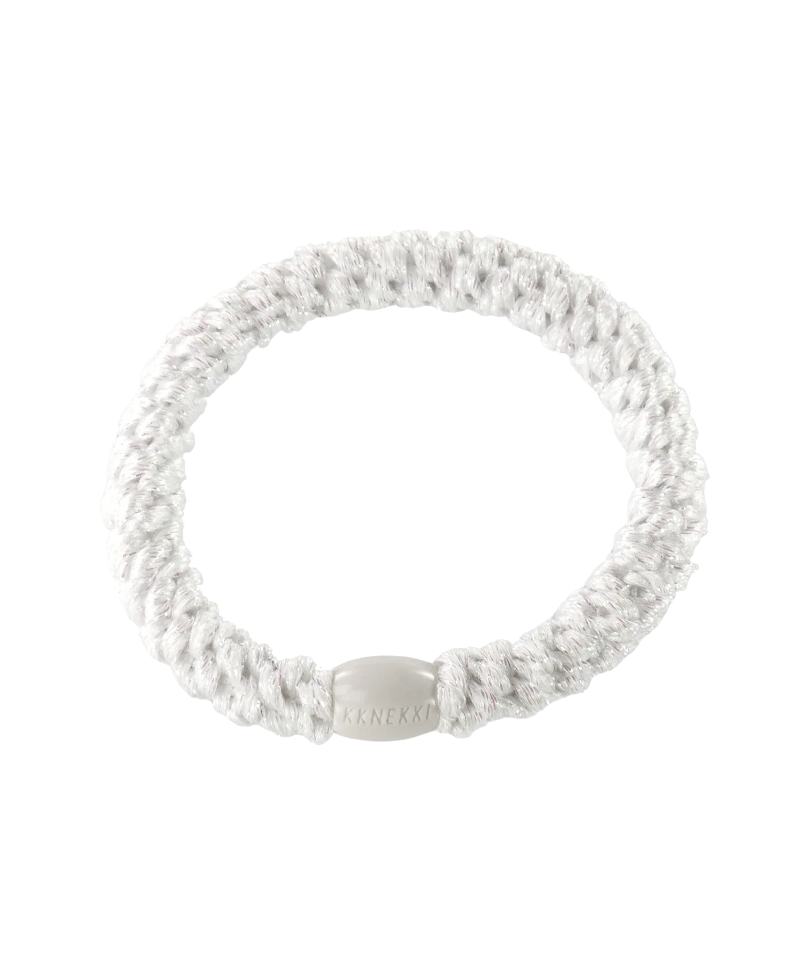 KKNEKKI white glitter hair elastic, front view, soft woven design