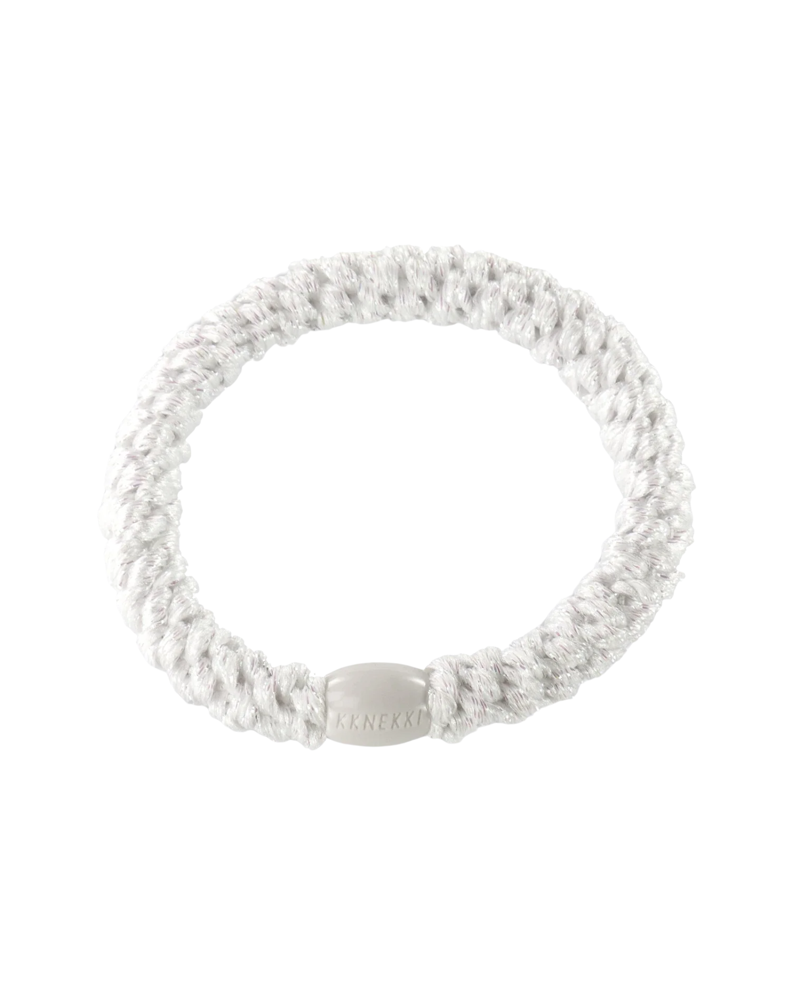 KKNEKKI white glitter hair elastic, front view, soft woven design